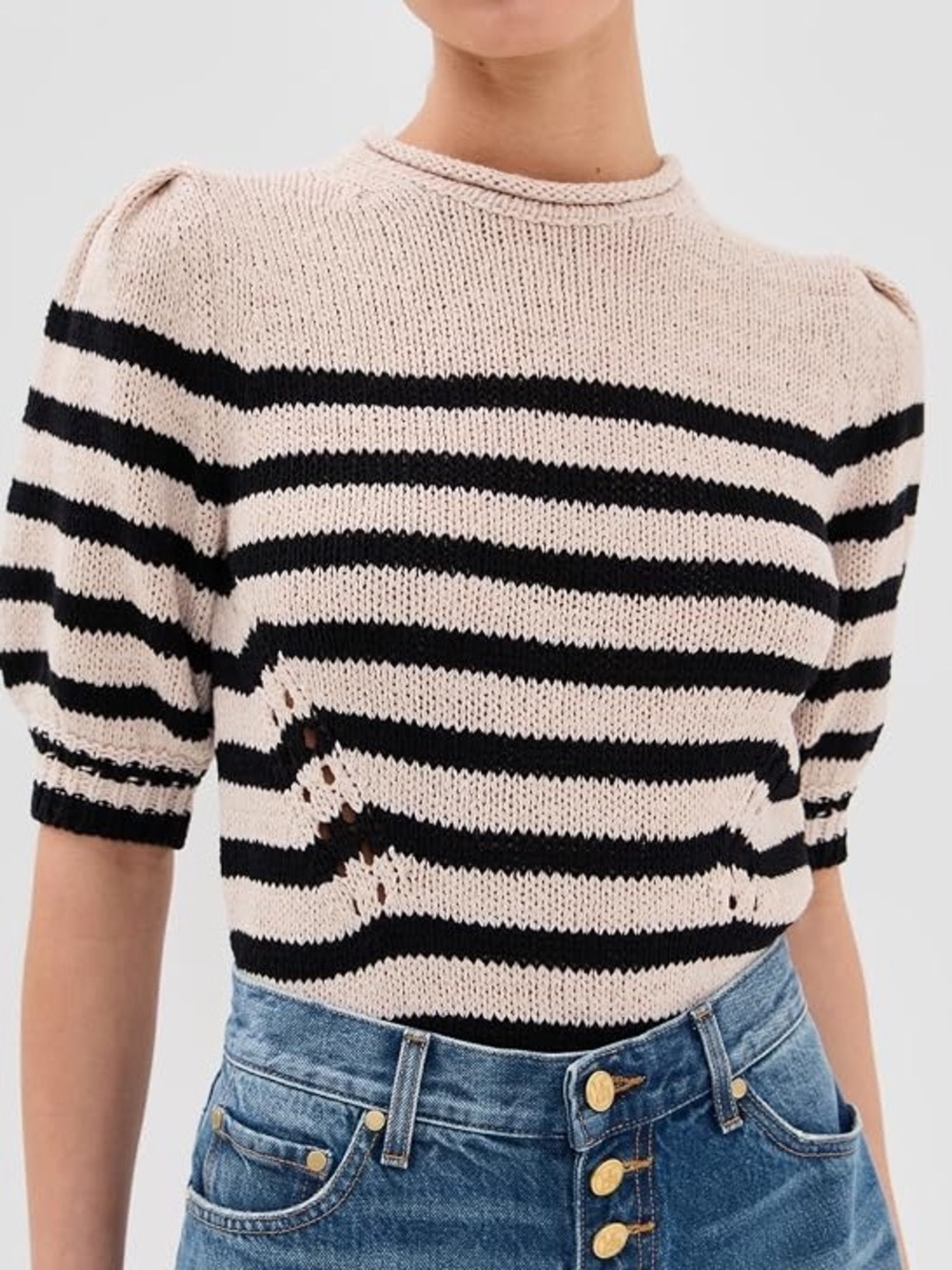 Ulla Johnson Pia Cream and Black Striped Puff-Sleeve Knit Top